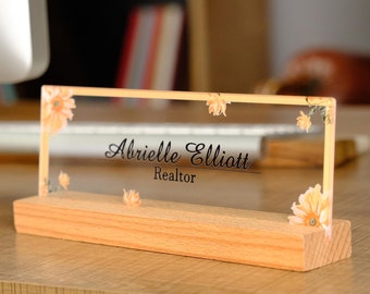 Personalized Acrylic Desk Name Plate, Floral Office Decor