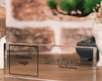 Personalized Acrylic Desk Name Plate with Custom Logo, Job Gift