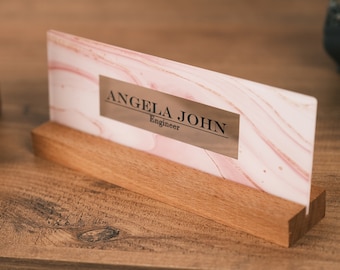 Personalized Acrylic Desk Name Plate, Custom Office Decor, Wood Stand