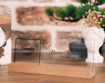 Personalized Acrylic Desk Plaque, Custom Company Logo, Wooden Stand