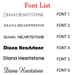 Op de afbeelding: Een lijst met zes verschillende lettertypen die de naam "Diana Heartstone" in elk lettertype laten zien. De lettertypen zijn gelabeld "Lettertype 1" tot "Lettertype 6".