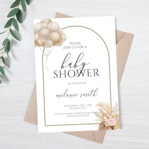 Bearbeitbare Baby Shower Einladung, Geschlechtsneutrale BabyBallon Einladung, druckbare braune Dusche Einladung, Bearbeitbare Templet, Baby Shower Mädchen Junge
