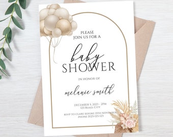 Editable Baby Shower Invitation, Gender Neutral Baby Balloon Invite, Printable Brown Shower Invite, Editable Templet, Baby Shower Girl Boy