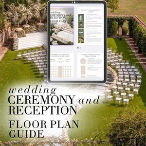 May include: A digital tablet showing a wedding ceremony and reception floor plan guide. The tablet displays layout options and seating arrangements. The image is set outdoors with chairs arranged on a green lawn, surrounded by trees and greenery.