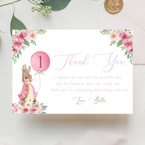 Cartão de agradecimento editável de Peter Rabbit, tema Pink Girls Peter Rabbit, convite de aniversário, Peter Rabbit Onederland, convite de primeiro aniversário