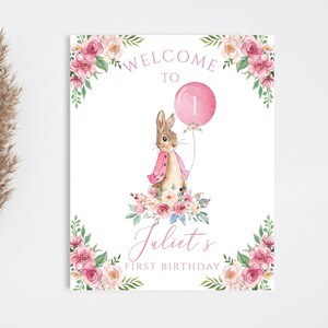 Peter Rabbit Editable Birthday Welcome Sign, Pink Theme Peter Rabbit Sign, First Birthday Welcome, Peter Rabbit Birthday Theme Baby Girl