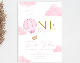 Onderful Birthday Party Invitation, Editable Personalised First Birthday Card, Pink Hot Air Balloon Theme, Baby Girls Invitation