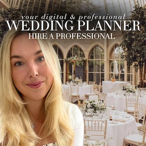 May include: A woman with blonde hair smiles in front of a wedding reception setting. The text "your digital & professional WEDDING PLANNER HIRE A PROFESSIONAL" is displayed. Tables are set with white linens and floral arrangements.