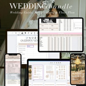 Puede incluir: Un paquete de boda con una novia y un novio en el fondo. El paquete incluye una guía de boda, una hoja de presupuesto y un plano de planta. El texto "WEDDING bundle" y "Wedding Guide, Budget Sheet & Floor Plan" son visibles. El paquete se muestra en un portátil, una tableta y dos smartphones.