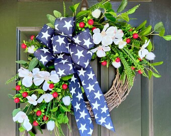 Red White and Blue Patriotic Wreath For Front Door, Summer 4th of July Wreath, Americana Wall Decor, Elegant Floral Patriotic Wreath, Stars