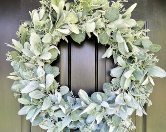 Year Round Lamb’s Ear and Eucalyptus Wreath, EveryDay Greenery Wreath, Modern Farmhouse Wreath for Front Door, Front Porch Decor, XL wreath
