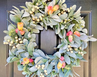 Spring Lamb's Ear and Pink Tulips Wreath, Farmhouse Wreath for Front Door, Mother's Day Gift, Easter Wreath, Summer Wreath, Valentine's Gift