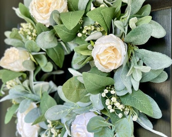 Spring Lamb’s Ear and Eucalyptus Wreath with White Cabbage Roses and Baby's Breath, Year Round  Wreath for Front Door, Elegant Floral Decor