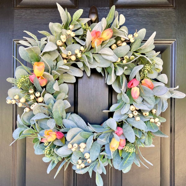 Spring Lamb's Ear and Pink Tulips Wreath, Farmhouse Wreath for Front Door, Mother's Day Gift, Easter Wreath, Summer Wreath, Valentine's Gift