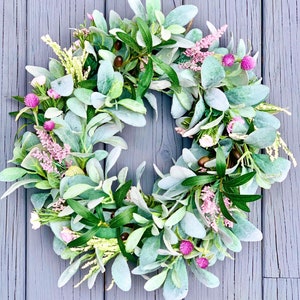 Spring Lamb's Ear Wreath for Front Door with Olive Branches and Pink flowers, Elegant Farmhouse Wreath with Pink Clover, Valentine’s Day