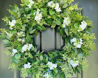 Spring Floral Wreath with White Hydrangeas, Greenery Wreath for Front Door, Modern Farmhouse Decor, Year Round Wreath, Housewarming Gift