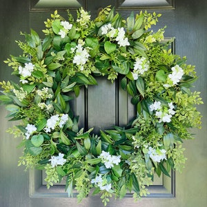 Summer Floral Wreath with White Hydrangeas, Greenery Wreath for Front Door, Modern Farmhouse Decor, Year Round Wreath, Housewarming Gift