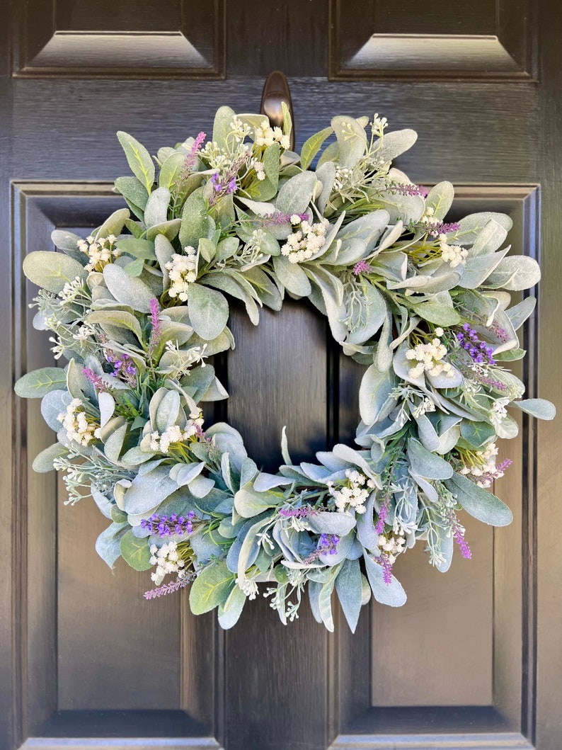Summer Lamb's Ear and Lavender Wreath, Purple Flowers Wreath for Front ...
