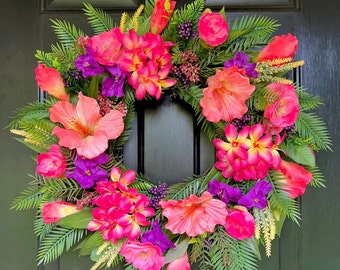 Tropical Floral Summer Wreath, Aloha Wreath for Front Door, Hawaiian Floral Everyday Greenery Wreath, All Year Island Beach Hawaii Decor