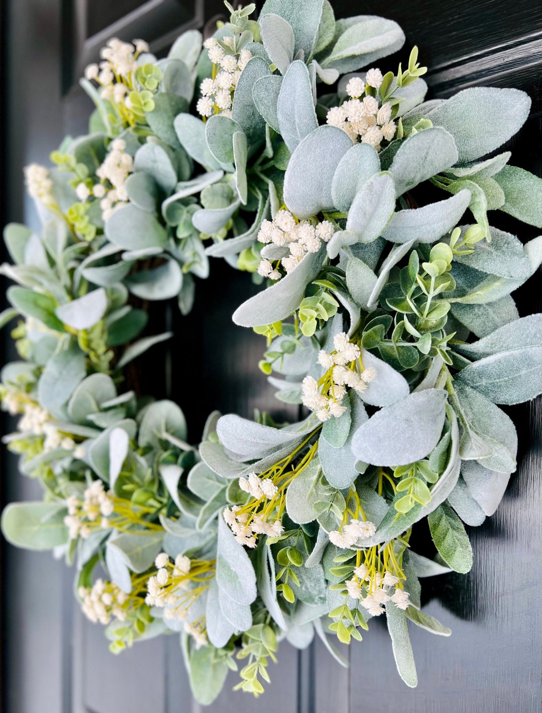 Year Round Lamb's Ear and Eucalyptus Wreath With White Flowers, Spring ...