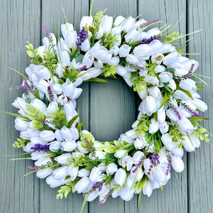 Spring White Tulip Wreath for Front Door, Lavender Wreath, Easter Wreath, Summer Floral Wreath, Mother's Day Gift, Over Bed Wall Decor