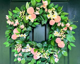 Summer Peach Wreath for Front Door, Fruit Wreath with Berries, Modern Farmhouse Decor, Mother’s Day Gift, Entryway Decor, Housewarming Gift