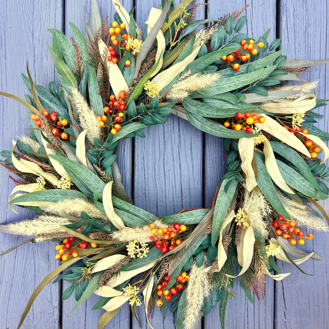 Fall Eucalyptus Wreath for Front Door, Autumn Wreath With Orange ...