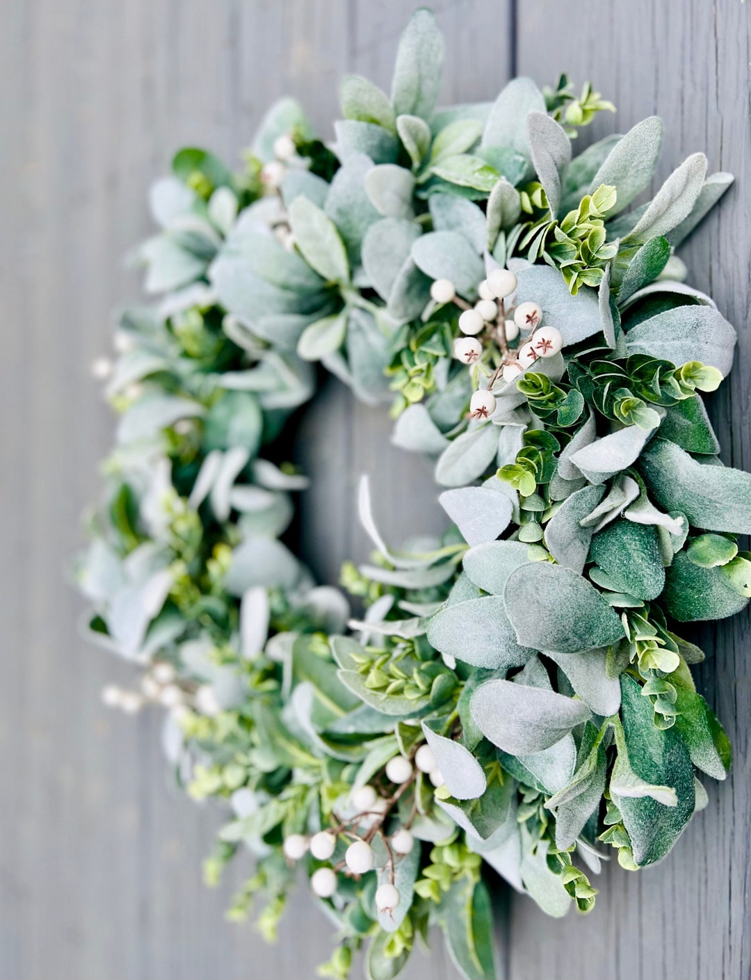 Year Round Lamb's Ear and Eucalyptus Wreath With White Berries, Winter ...