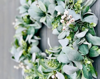 Winter Lamb's Ear and Eucalyptus Wreath with White Berries, Year Round Wreath for Front Door, Winter Farmhouse Wreath, Christmas Gift