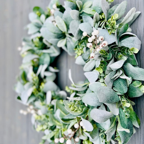Winter Lamb's Ear and Eucalyptus Wreath with White Berries, Year Round Wreath for Front Door, Winter Farmhouse Wreath, Christmas Gift