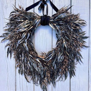 Black Halloween Wreath Front Door, Halloween Eucalyptus Wreath with Sparkly Black Wheath, Gothic Wreath for Entryway, Spooky Glam Halloween