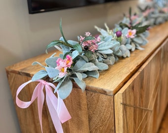 Summer Lamb's Ear Garland with Olive Branches and Pink Flowers, Spring Table Centerpiece with Cherry Blossoms, Wedding Garland, Mantle Decor