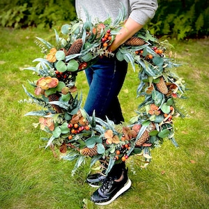XL Fall Eucalyptus Wreath Farmhouse, Autumn Wreath for Front Door, Mixed Eucalyptus Wreath with Pinecones and Orange Berries, Cottage Decor