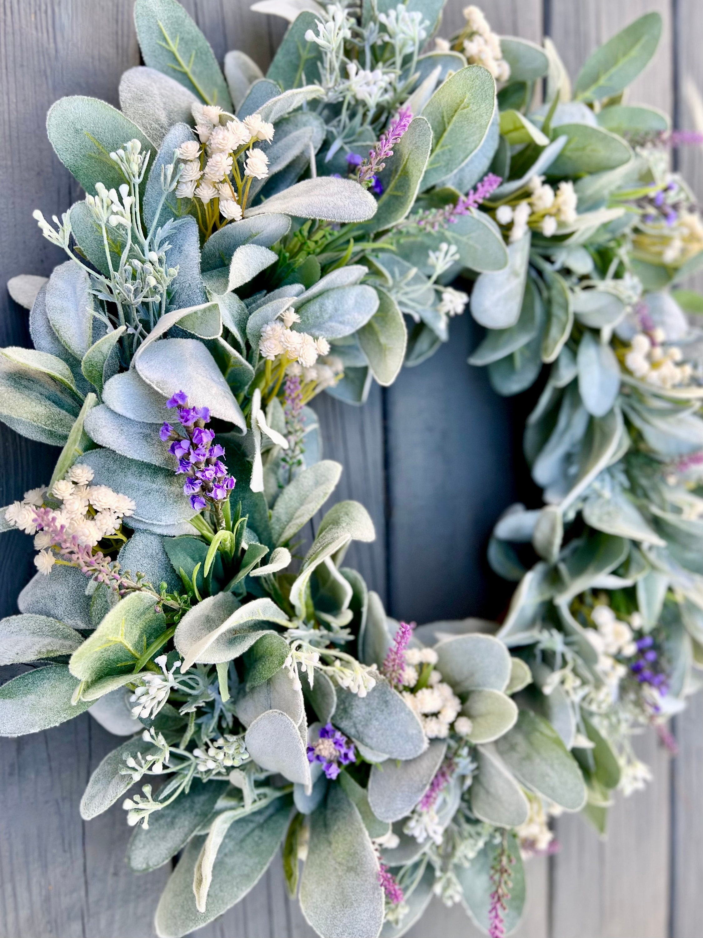 Summer Lamb's Ear and Lavender Wreath, Purple Flowers Wreath for Front ...