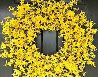 Spring Forsythia Wreath for Front Door, Yellow Spring Wreath, Easter Decor, Modern Farmhouse Wreath, Large Spring to Summer Wreath