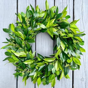 Year Round Greenery Wreath for Front Door, Modern Farmhouse Wall Decor, All Season Myrtle Wreath, Everyday Wreath With Seeded Eucalyptus