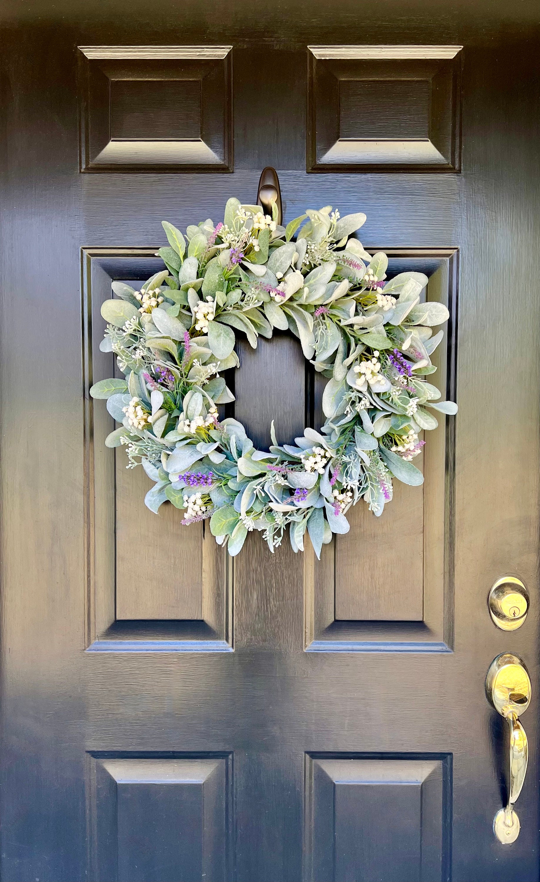 Idyllic Winters Wreath For Front Door, Wood Bead Wreaths With Artificial Lambs Ears Leaves, Hello And Welcome Door Sign Wreath For Home Decor, Spring