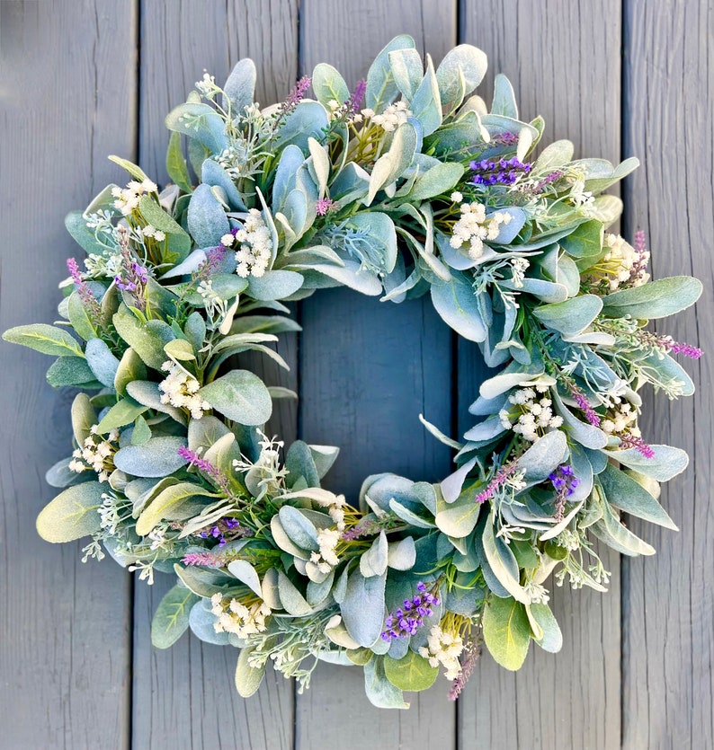 Summer Lamb's Ear and Lavender Wreath, Purple Flowers Wreath for Front ...