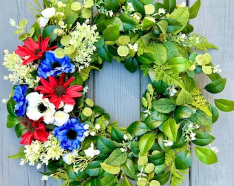 4th of July Wreath, Red White and Blue Wreath, Summer Patriotic Wreath, Elegant Floral Patriotic Wreath, Summer Wreath For Front Door