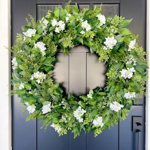 Year Round Wreath with White Hydrangeas, Greenery Wreath for Front Door, Modern Farmhouse Decor, Summer Floral Wreath, Hous