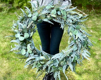 Year Round Wreath with Mixed Eucalyptus and Ferns, XL Wreath for Front Door, Farmhouse Greenery Wreath, Barn Wedding Wreaths, Church Wreath