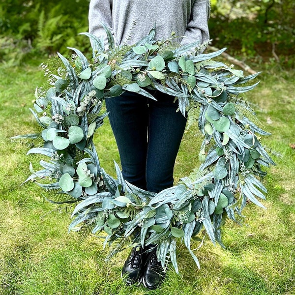Year Round Wreath with Mixed Eucalyptus and Ferns, XL Wreath for Front Door, Farmhouse Greenery Wreath, Barn Wedding Wreaths, Church Wreath