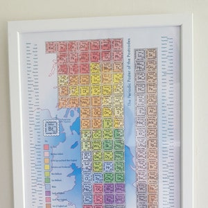 May include: A framed print titled "The Periodic Poster of the Postcodes", a colourful grid of UK postcode areas, resembling a periodic table. The map of the UK is visible, with a white frame and the website PePoPo.co.
