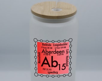 Aberdeen Glass Can with custom Ab postcode science design, perfect for iced latte