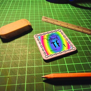 May include: A square sticker featuring a rainbow gradient background with a black border of connected circles. The text reads Wellington, J'Groats 1063 KM, LZ Point 592 KM, Telford, 52.7032°N 2.5007°W, Tf, and POP. 37,279, displayed in black font.