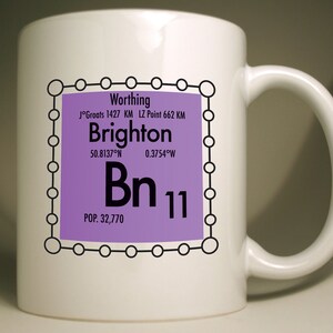 Brighton custom Bn postcode mug with science design