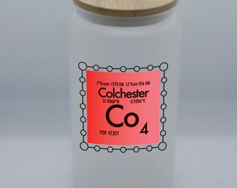 Colchester Glass Can with custom Co postcode science design, perfect for iced latte