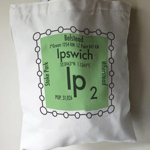 May include: White tote bag with a green and black graphic design featuring the text "Ipswich" and "Ip 2" with a circle border. The graphic also includes the text "Belstead", "JoGroats 1254 KM", "LZ Point 847 KM", "52.0463°N 1.1344°E", "Stoke Park", "Wherstead", and "POP. 31,026".