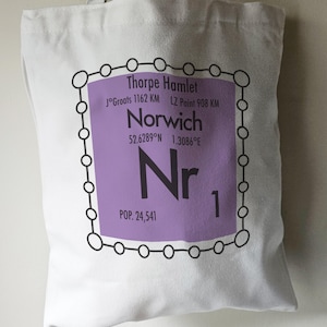 May include: A white tote bag with a purple and black design. The design is a stylized periodic table element with the text "Thorpe Hamlet", "Norwich", "Nr", "1", "52.6289°N", "1.3086°E", "JoGroats 1162 KM", "LZ Point 908 KM", and "POP. 24,541".
