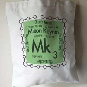 May include: A white tote bag with a green graphic design featuring the text "Milton Keynes" and "Mk" with coordinates and a population number. The graphic is surrounded by a black circle with smaller circles around the edge.